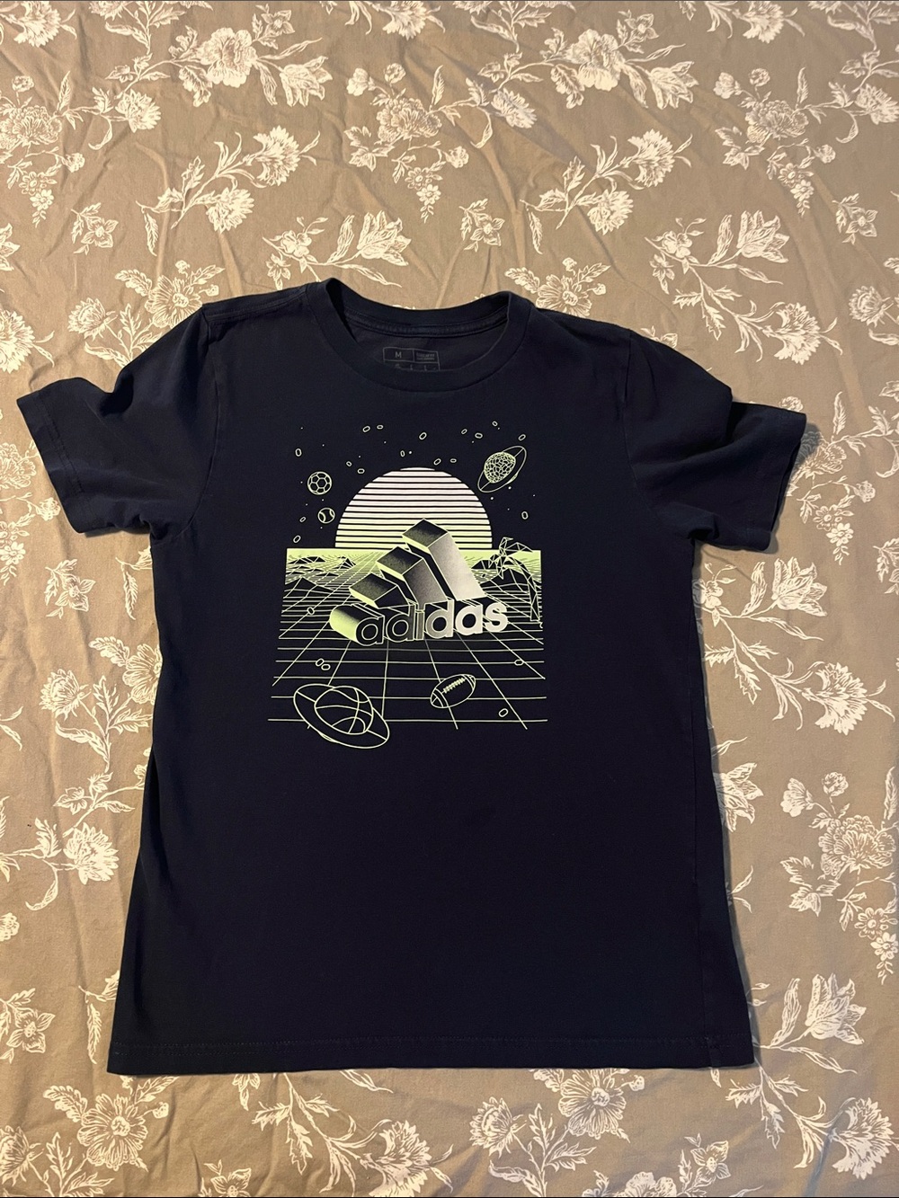 adidas Black Tee with Neon Yellow-Green Retro Space Graphic